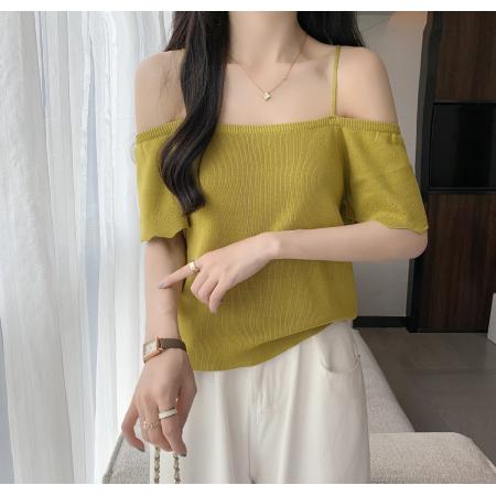 BY18440# 荷叶边一字领露肩吊带上衣女夏季法式短袖T恤针织衫 服裝批發女裝批發服飾貨源