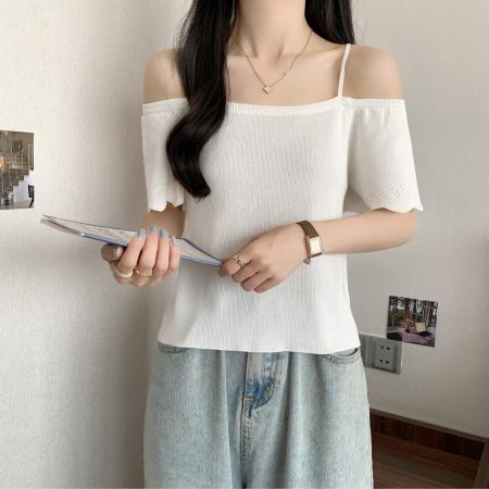 BY18440# 荷叶边一字领露肩吊带上衣女夏季法式短袖T恤针织衫 服裝批發女裝批發服飾貨源