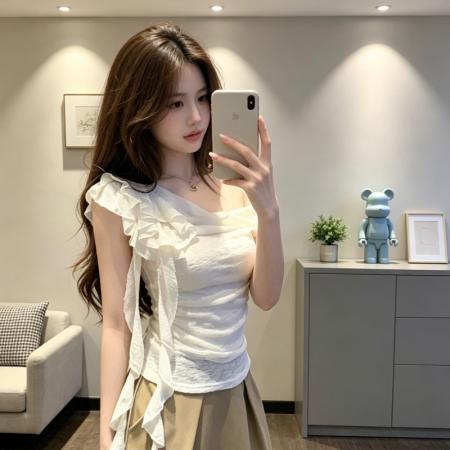 BY18442# 法式纯欲小众设计感荡领飘带斜肩t恤女夏季褶皱露肩上衣 服裝批發女裝批發服飾貨源