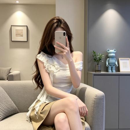 BY18442# 法式纯欲小众设计感荡领飘带斜肩t恤女夏季褶皱露肩上衣 服裝批發女裝批發服飾貨源