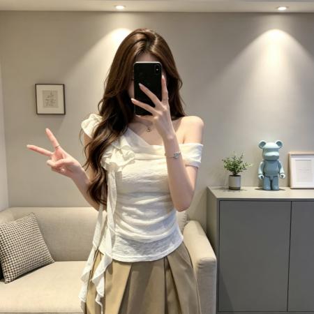 BY18442# 法式纯欲小众设计感荡领飘带斜肩t恤女夏季褶皱露肩上衣 服裝批發女裝批發服飾貨源
