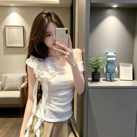 BY18442# 法式纯欲小众设计感荡领飘带斜肩t恤女夏季褶皱露肩上衣 服裝批發女裝批發服飾貨源
