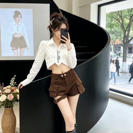 BY18444# 春夏美式复古辣妹高腰牛仔短裤女时尚设计感两口袋工装短裤潮 服裝批發女裝批發服飾貨源