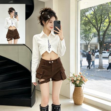 BY18444# 春夏美式复古辣妹高腰牛仔短裤女时尚设计感两口袋工装短裤潮 服裝批發女裝批發服飾貨源