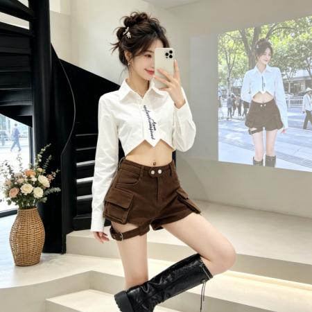 BY18444# 春夏美式复古辣妹高腰牛仔短裤女时尚设计感两口袋工装短裤潮 服裝批發女裝批發服飾貨源