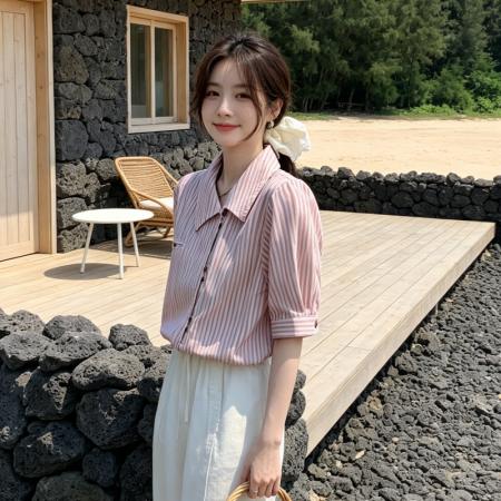 BY18449# 法式气质条纹斜襟领短袖设计感衬衫女装夏季新款别致休闲上衣 服裝批發女裝批發服飾貨源