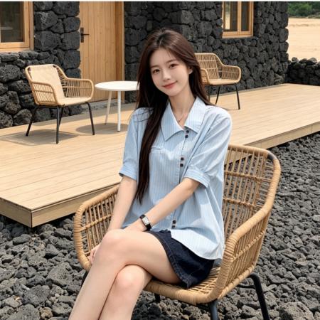 BY18449# 法式气质条纹斜襟领短袖设计感衬衫女装夏季新款别致休闲上衣 服裝批發女裝批發服飾貨源