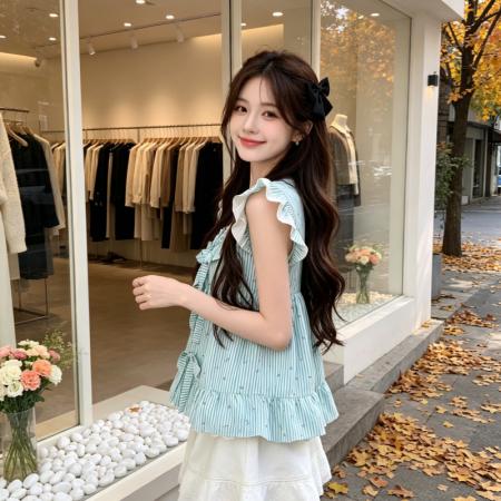 BY18450# 夏季绿色条纹小樱桃飞飞袖上衣女装新款别致小众设计感衬衣 服裝批發女裝批發服飾貨源