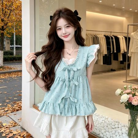 BY18450# 夏季绿色条纹小樱桃飞飞袖上衣女装新款别致小众设计感衬衣 服裝批發女裝批發服飾貨源