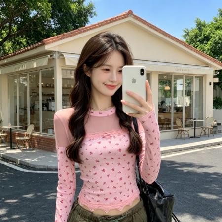 甜辣妹风蕾丝拼接碎花长袖T恤女装春季修身显瘦粉色上衣 服裝批發女裝批發服飾貨源