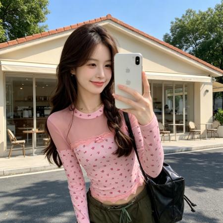 BY18452# 甜辣妹风蕾丝拼接碎花长袖T恤女装春季修身显瘦粉色上衣 服裝批發女裝批發服飾貨源