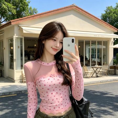 BY18452# 甜辣妹风蕾丝拼接碎花长袖T恤女装春季修身显瘦粉色上衣 服裝批發女裝批發服飾貨源