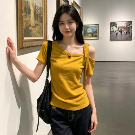 BY18453# 黄色斜肩短袖t恤女夏显瘦百搭露肩绑带设计辣妹上衣 服裝批發女裝批發服飾貨源