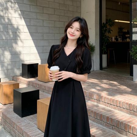 BY18458# 大码法式减龄V领连衣裙女夏新款设计感收腰显瘦长裙 服裝批發女裝批發服飾貨源