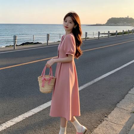 BY18458# 大码法式减龄V领连衣裙女夏新款设计感收腰显瘦长裙 服裝批發女裝批發服飾貨源