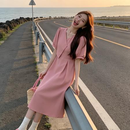 BY18458# 大码法式减龄V领连衣裙女夏新款设计感收腰显瘦长裙 服裝批發女裝批發服飾貨源