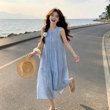 BY18459# 高级感法式无袖背心连衣裙女夏季新款收腰海边度假风A字长裙 服裝批發女裝批發服飾貨源