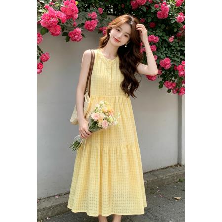 BY18459# 高级感法式无袖背心连衣裙女夏季新款收腰海边度假风A字长裙 服裝批發女裝批發服飾貨源