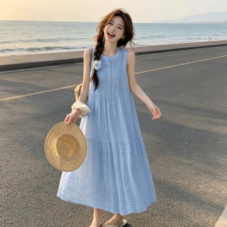 BY18459# 高级感法式无袖背心连衣裙女夏季新款收腰海边度假风A字长裙 服裝批發女裝批發服飾貨源