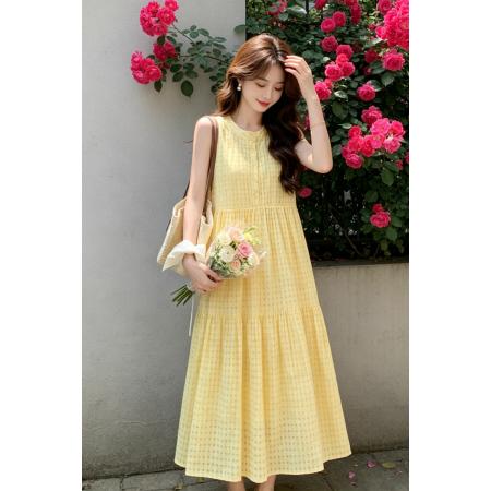 BY18459# 高级感法式无袖背心连衣裙女夏季新款收腰海边度假风A字长裙 服裝批發女裝批發服飾貨源