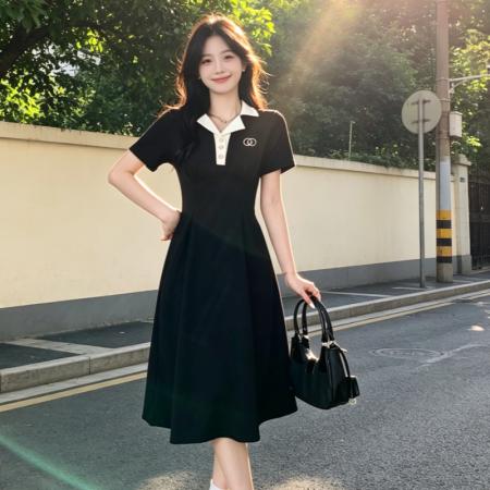 BY18460# 大码学院风收腰显瘦polo连衣裙女夏季新款胖MM梨形身材黑色长裙子 服裝批發女裝批發服飾貨源