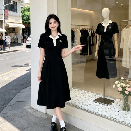 BY18460# 大码学院风收腰显瘦polo连衣裙女夏季新款胖MM梨形身材黑色长裙子 服裝批發女裝批發服飾貨源