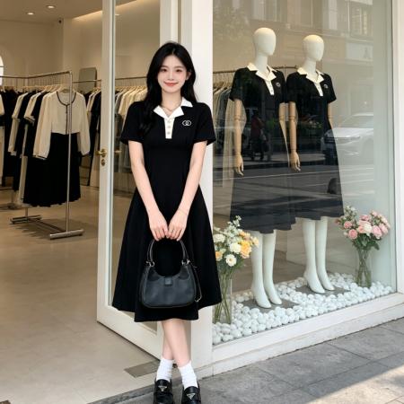 BY18460# 大码学院风收腰显瘦polo连衣裙女夏季新款胖MM梨形身材黑色长裙子 服裝批發女裝批發服飾貨源