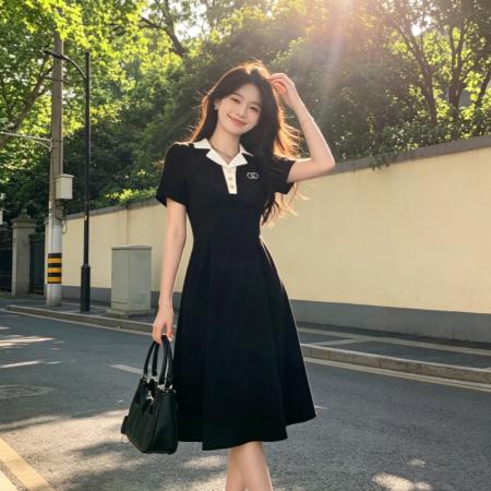 BY18460# 大码学院风收腰显瘦polo连衣裙女夏季新款胖MM梨形身材黑色长裙子 服裝批發女裝批發服飾貨源