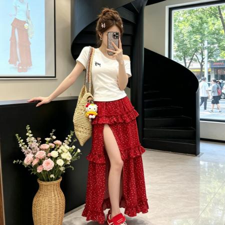 BY18461# 法式气质红色波点开叉半身裙女夏季新款露腿蛋糕长裙子潮 服裝批發女裝批發服飾貨源