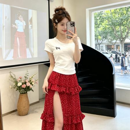 BY18461# 法式气质红色波点开叉半身裙女夏季新款露腿蛋糕长裙子潮 服裝批發女裝批發服飾貨源