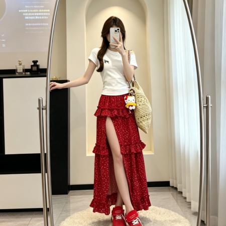 BY18461# 法式气质红色波点开叉半身裙女夏季新款露腿蛋糕长裙子潮 服裝批發女裝批發服飾貨源