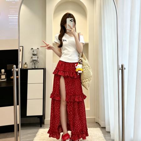 BY18461# 法式气质红色波点开叉半身裙女夏季新款露腿蛋糕长裙子潮 服裝批發女裝批發服飾貨源