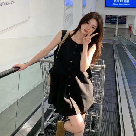 BY18462# 韩系套装黑色背心马甲上衣女装夏季松紧腰休闲直筒短裤气质两件套 服裝批發女裝批發服飾貨源