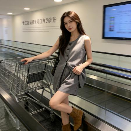 BY18462# 韩系套装黑色背心马甲上衣女装夏季松紧腰休闲直筒短裤气质两件套 服裝批發女裝批發服飾貨源