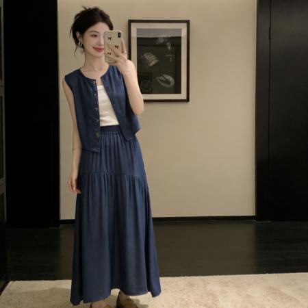 BY18463# 法式赫本风无袖背心上衣女夏季新款大裙摆半身裙套装 服裝批發女裝批發服飾貨源