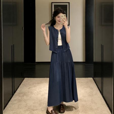 BY18463# 法式赫本风无袖背心上衣女夏季新款大裙摆半身裙套装 服裝批發女裝批發服飾貨源