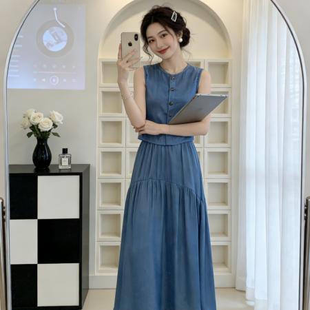 BY18463# 法式赫本风无袖背心上衣女夏季新款大裙摆半身裙套装 服裝批發女裝批發服飾貨源