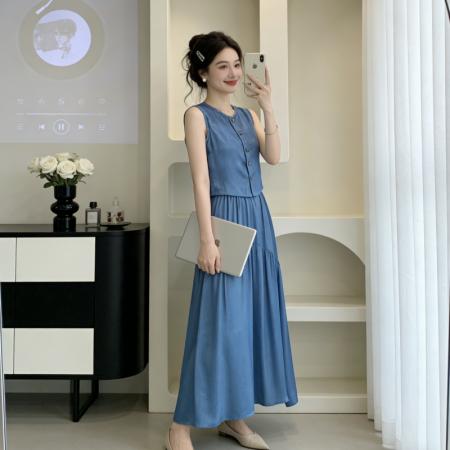 BY18463# 法式赫本风无袖背心上衣女夏季新款大裙摆半身裙套装 服裝批發女裝批發服飾貨源