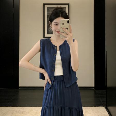 BY18463# 法式赫本风无袖背心上衣女夏季新款大裙摆半身裙套装 服裝批發女裝批發服飾貨源