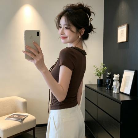 BY18465# 美式辣妹短袖女春夏季花边v领正肩t恤修身显瘦短款上衣 服裝批發女裝批發服飾貨源