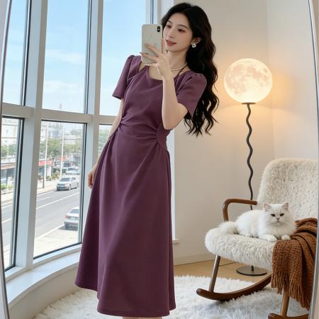 BY18468# 法式甜辣露肩长裙子女夏季气质设计感显瘦短袖别致连衣裙潮 服裝批發女裝批發服飾貨源