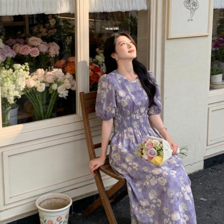 BY18469# 夏季新款设计感温柔收腰气质初恋裙子法式茶歇泡泡袖碎花连衣裙女 服裝批發女裝批發服飾貨源