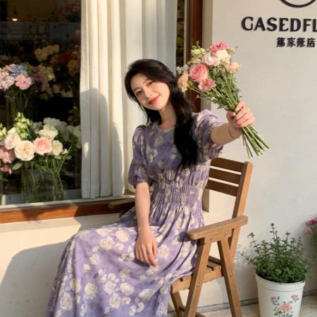 BY18469# 夏季新款设计感温柔收腰气质初恋裙子法式茶歇泡泡袖碎花连衣裙女 服裝批發女裝批發服飾貨源