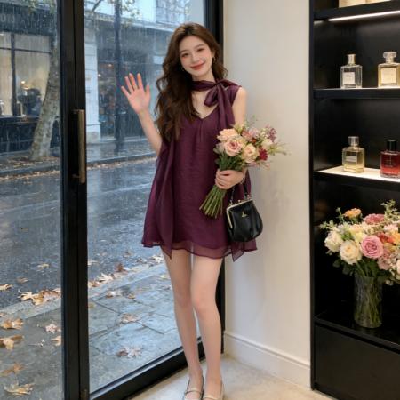 BY18470# 夏季设计感紫色雪纺衬衫夏季甜辣上衣新款宽松挂脖轻熟风女装 服裝批發女裝批發服飾貨源