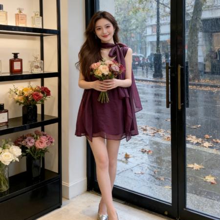 BY18470# 夏季设计感紫色雪纺衬衫夏季甜辣上衣新款宽松挂脖轻熟风女装 服裝批發女裝批發服飾貨源