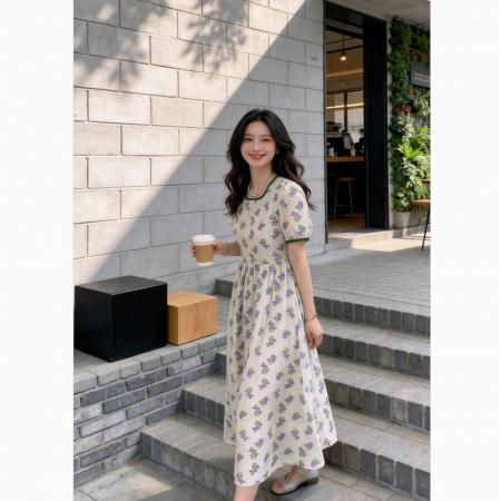 BY18471# 夏季新款高级感法式茶歇长裙收腰显瘦气质仙女碎花百搭连衣裙 服裝批發女裝批發服飾貨源