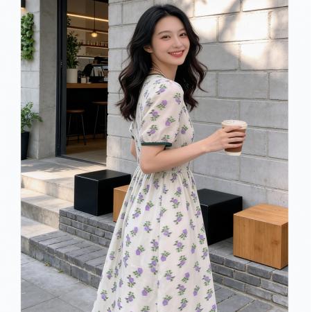BY18471# 夏季新款高级感法式茶歇长裙收腰显瘦气质仙女碎花百搭连衣裙 服裝批發女裝批發服飾貨源