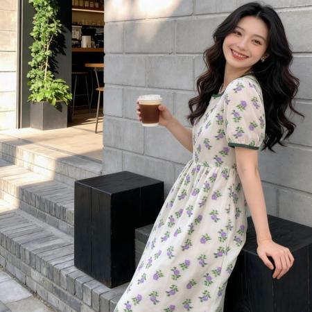 BY18471# 夏季新款高级感法式茶歇长裙收腰显瘦气质仙女碎花百搭连衣裙 服裝批發女裝批發服飾貨源