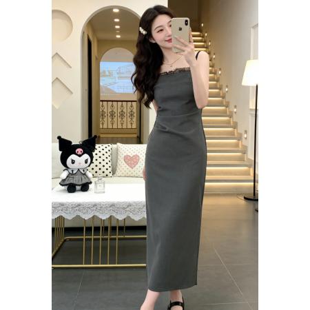 BY18473# 法式灰色蕾丝拼接吊带连衣裙子女夏季新款气质包臀长裙 服裝批發女裝批發服飾貨源