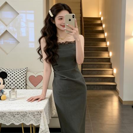 BY18473# 法式灰色蕾丝拼接吊带连衣裙子女夏季新款气质包臀长裙 服裝批發女裝批發服飾貨源